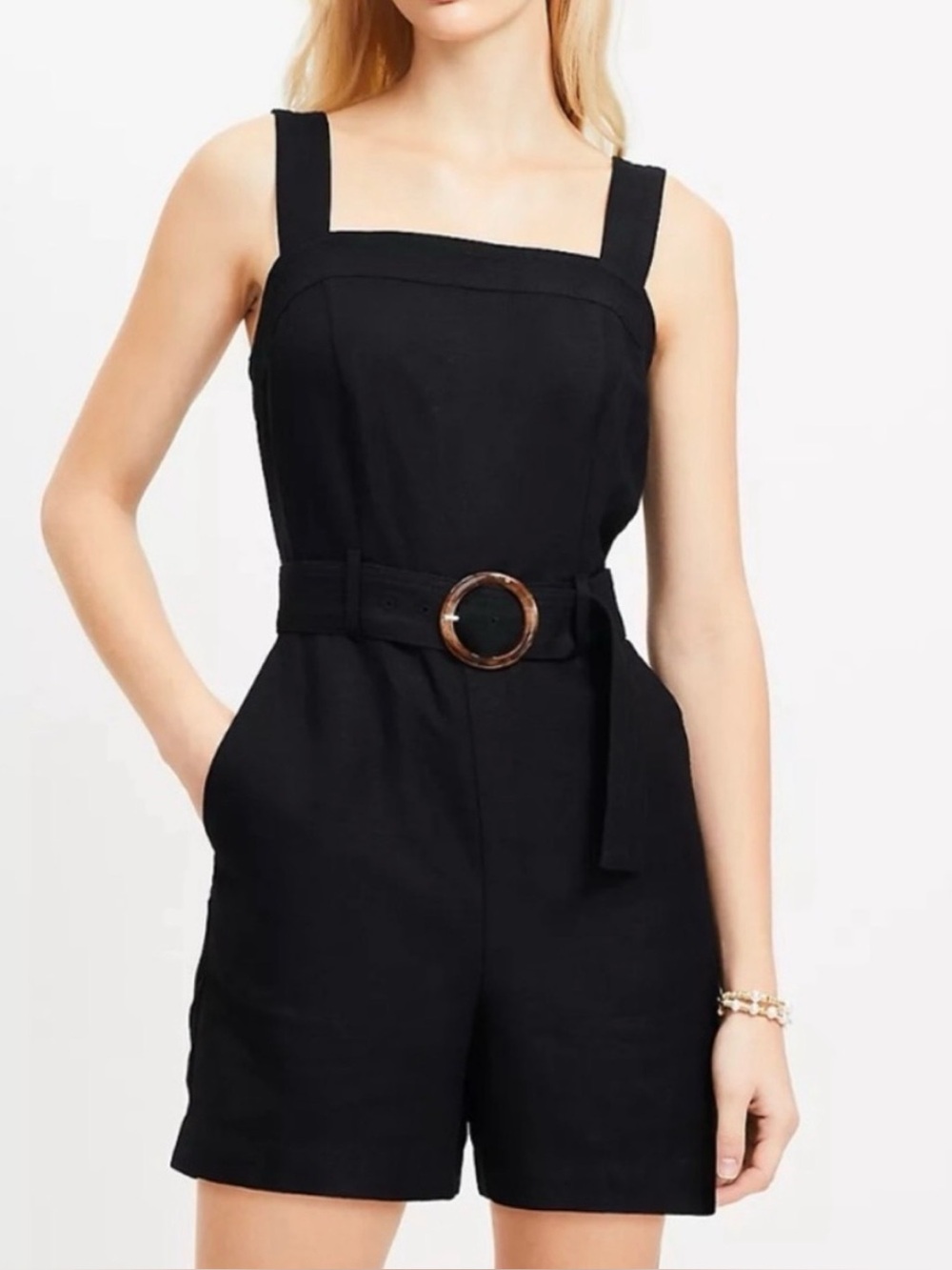 NWT LOFT Black Square-Neck Belted Linen Romper with Ring Buckle